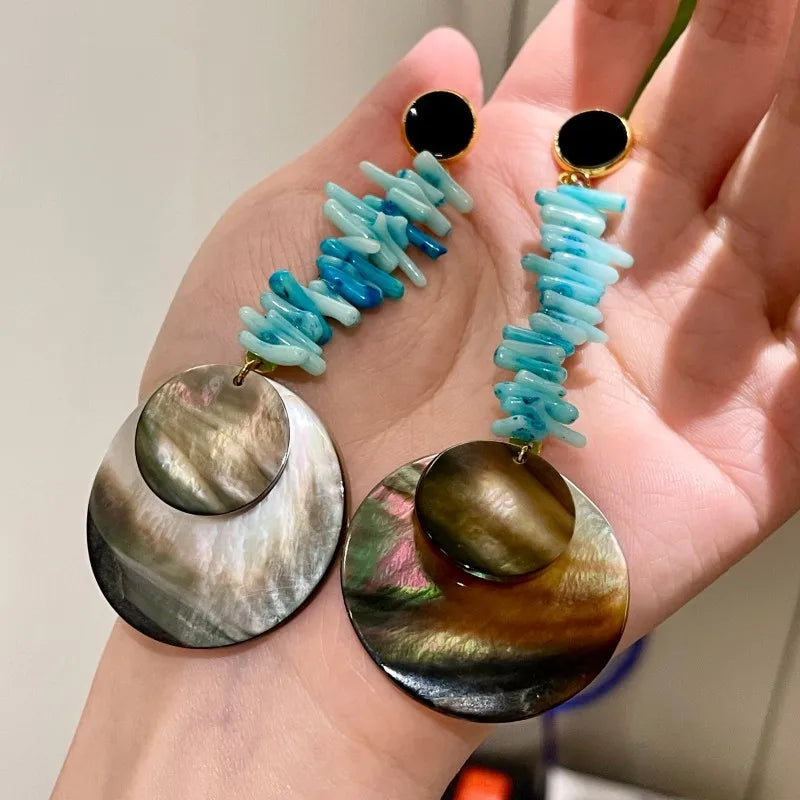 NISHIZAWA Shell Dangle Earrings for Women Geometric Stones Vintage Jewelry Fashion Elegant Irregular Aretes De Mujer
