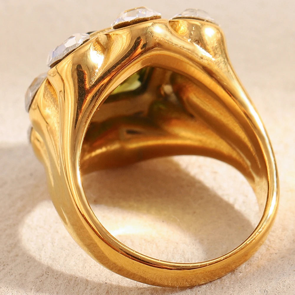 E.B.belle Party Shiny Flower Luxury Clear Green Zircon Ring Stainless Steel PVD Plated Fashion Women Stetement Jewelry
