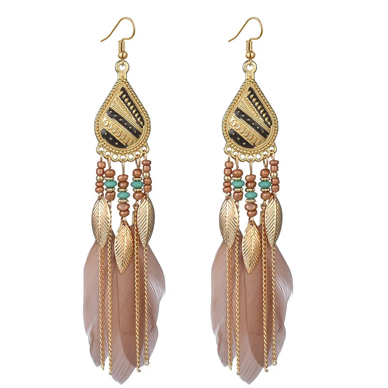 Bohemian Colorful Feather Tassel Earrings For Women Ethnic Beads Drop Statement Hanging Earrings Girls Fashion Jewelry Gift