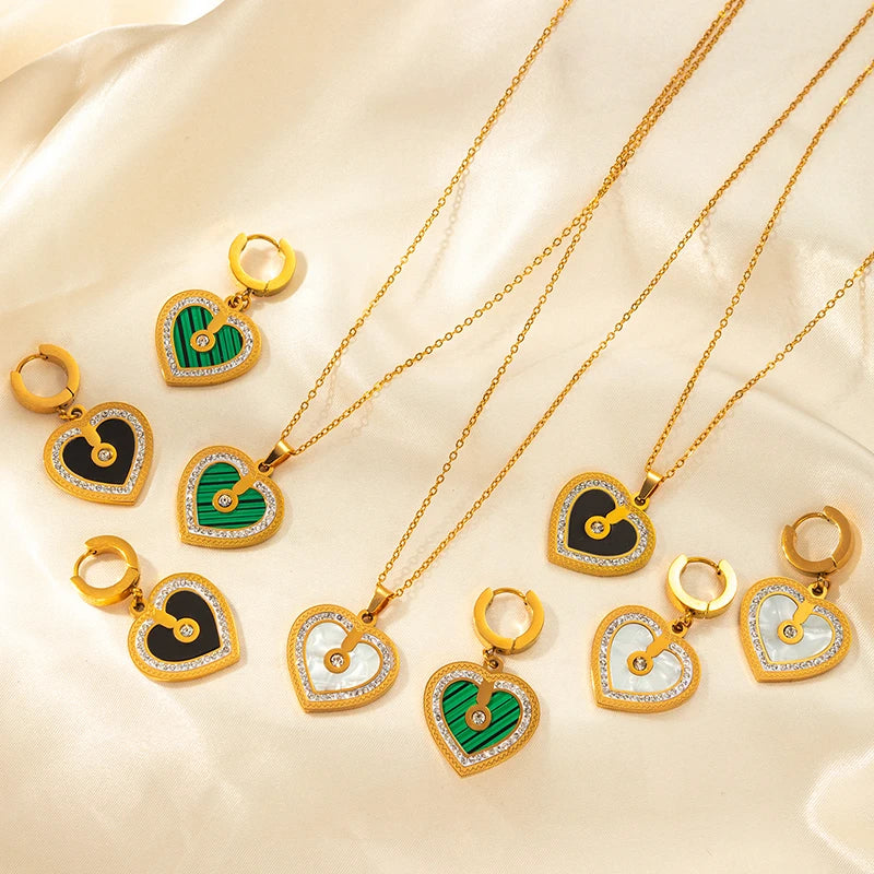 ANENJERY 316L Stainless Steel Double sided Heart Shiny Zircon Necklace Earrings For Women Niche Vintage Jewelry Gifts Wholesale