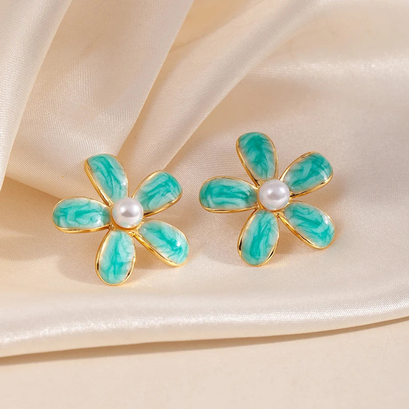 ANENJERY 316L Stainless Steel Colorful Enamel Flower Butterfly Earrings For Women French Delicate Elegant Jewelry Birthday Gifts