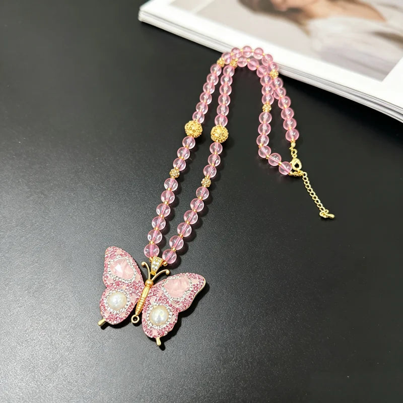 Natrual Freshwater Pearl Citrine Turquoise Crystal Quartz Necklace for Women Fashion Butterfly Beaded Chain Wedding Jewelry
