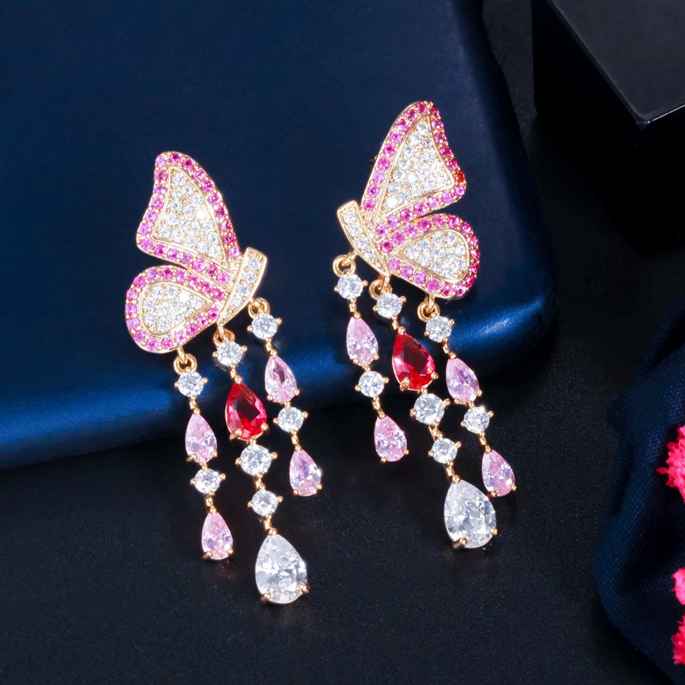 ThreeGraces Elegant Black Cubic Zirconia Butterfly Shape Long Dangle Tassel Earrings for Women New Fashion Party Jewelry E1281