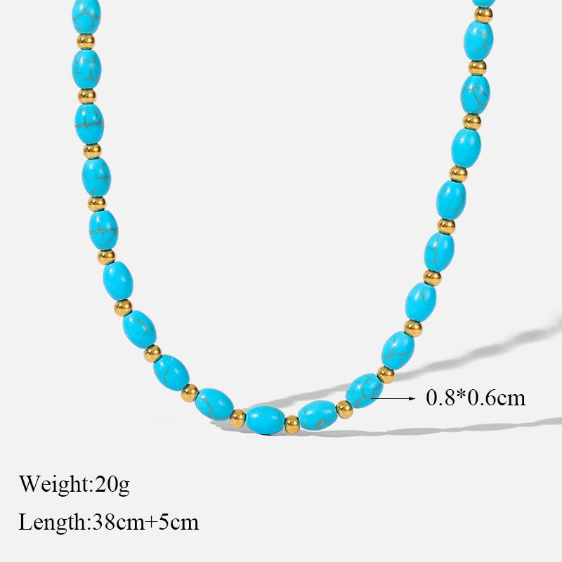 EILIECK 316L Stainless Steel Green Stone Necklaces Irregular Bead String Necklace Fashion Women's Vacation Jewelry Chain Chokers