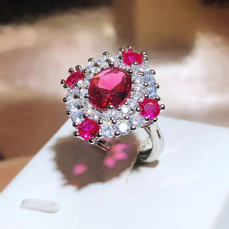Vintage Jewelry Long Ring Ruby Rose Red Pendant Ring Crystal Luxury 925 Sterling Silver Wedding Gift To Girlfriend