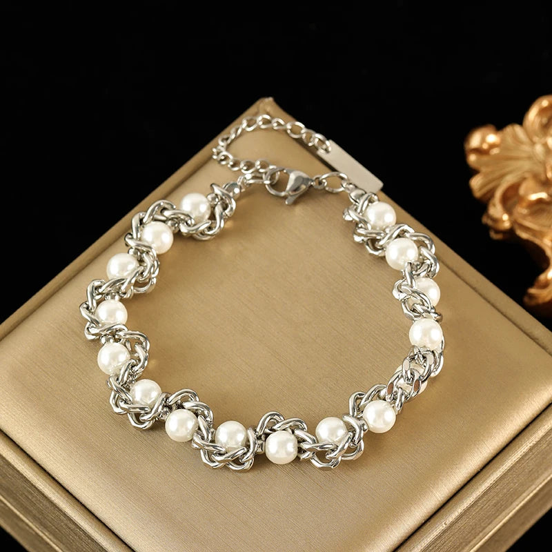EILIECK 316L Stainless Steel Pearl Chain Necklace Bracelet Set For Women Fashion Waterproof Silver Color Jewelry Set Gift Party