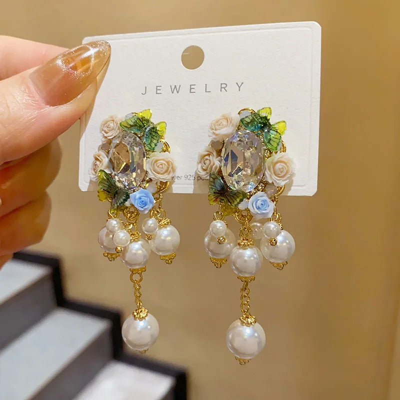 Handmade Petal Long Tassel Drop Earrings for Women Elegant Luxury Retro Flower Ear Studs Niche Design Wedding Party Jewelry Gift