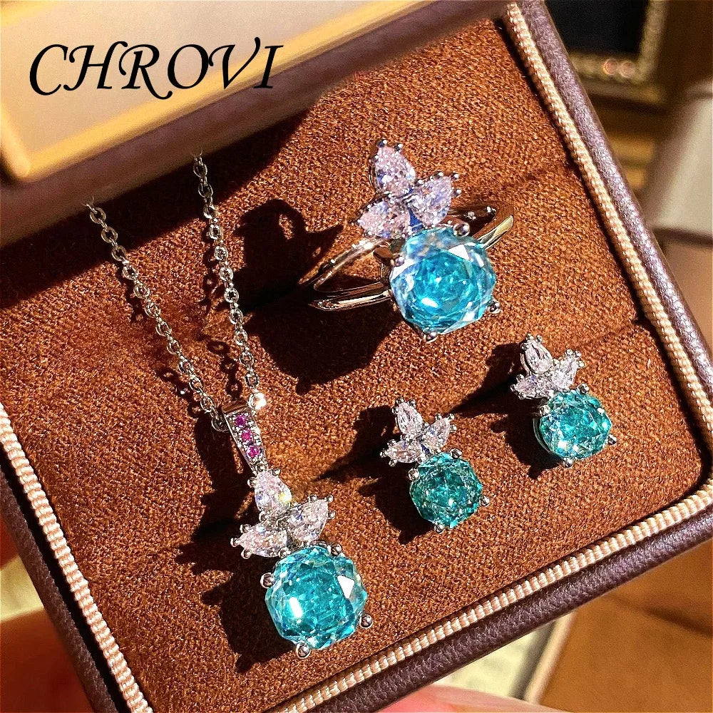 Luxury 925 Sterling Silver Millennium Rose Diamond Pendant Necklace, Diamond Ring and Stud Earring Set