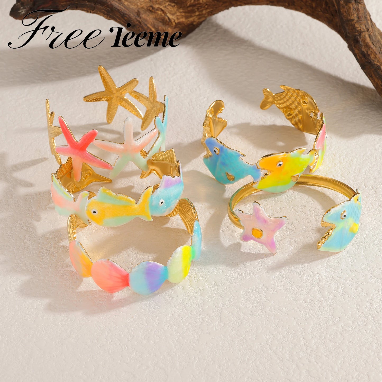 Freeteeme Stylish Colorful Oil Dripping Shell Starfish Bangle for Women Stainless Steel Ocean Series Open Bracelets Beach Gifts