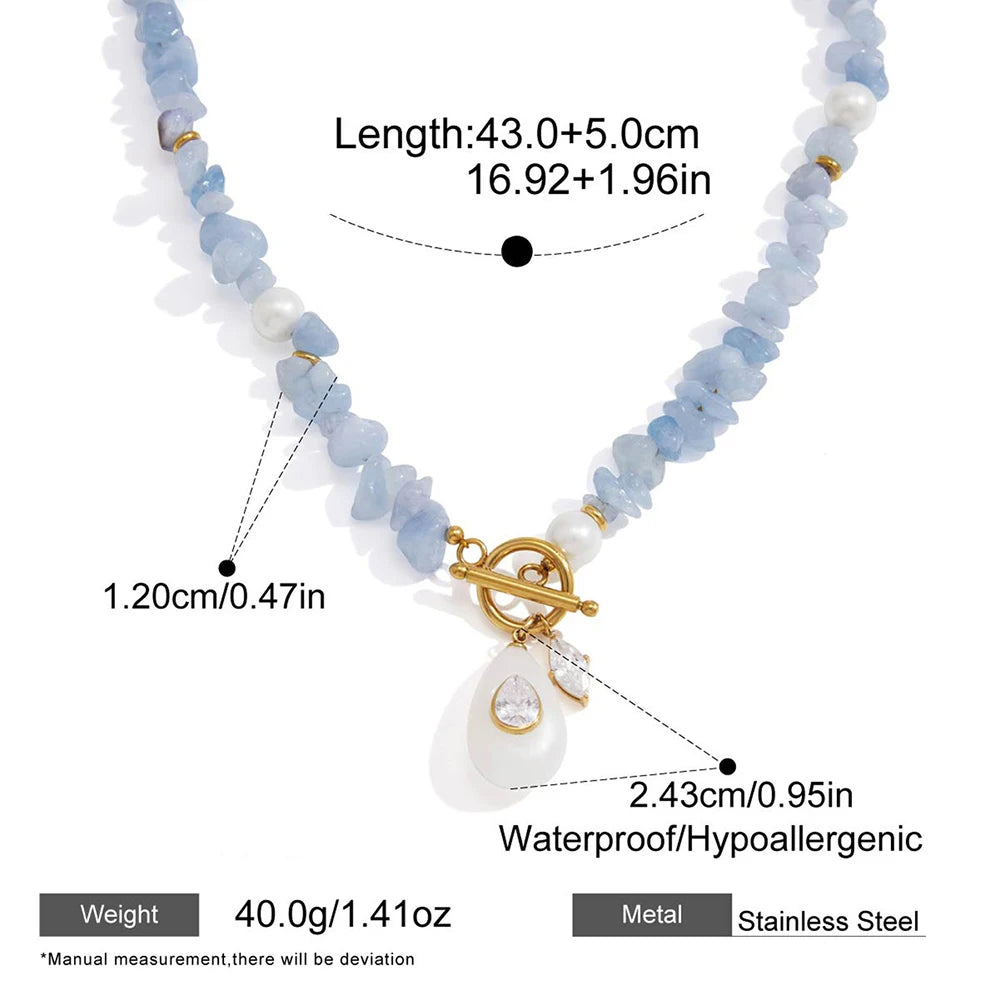 Fashion Oval Natural Stone Pendant Stainless Steel Necklace with Zircon Pearl Summer Style Stone Chip Handmade Collars Jewelry