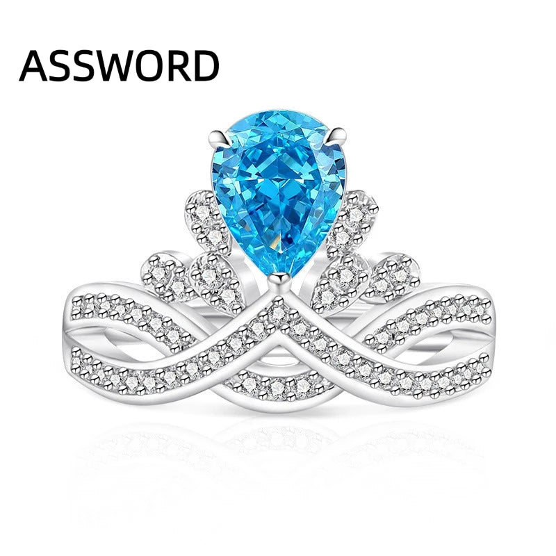 925 Sterling Silver Crown Teardrop Ice Flower Cut Cubic Zirconia Ring Twisted Split Shank Wedding Jewelry Gift for Women