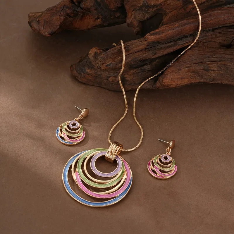 New Geometric Colorful Circular Annular Hollow Geometric Pendant Necklace with Personalized Creativity Women's Jewelr Gifts
