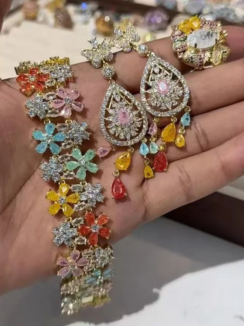 Luxury Cubic Zirconia Gemstone Bracelet Ring Earring Jewelry Set for Women Wedding Gift Colorful Stone Five Petal Flower Design
