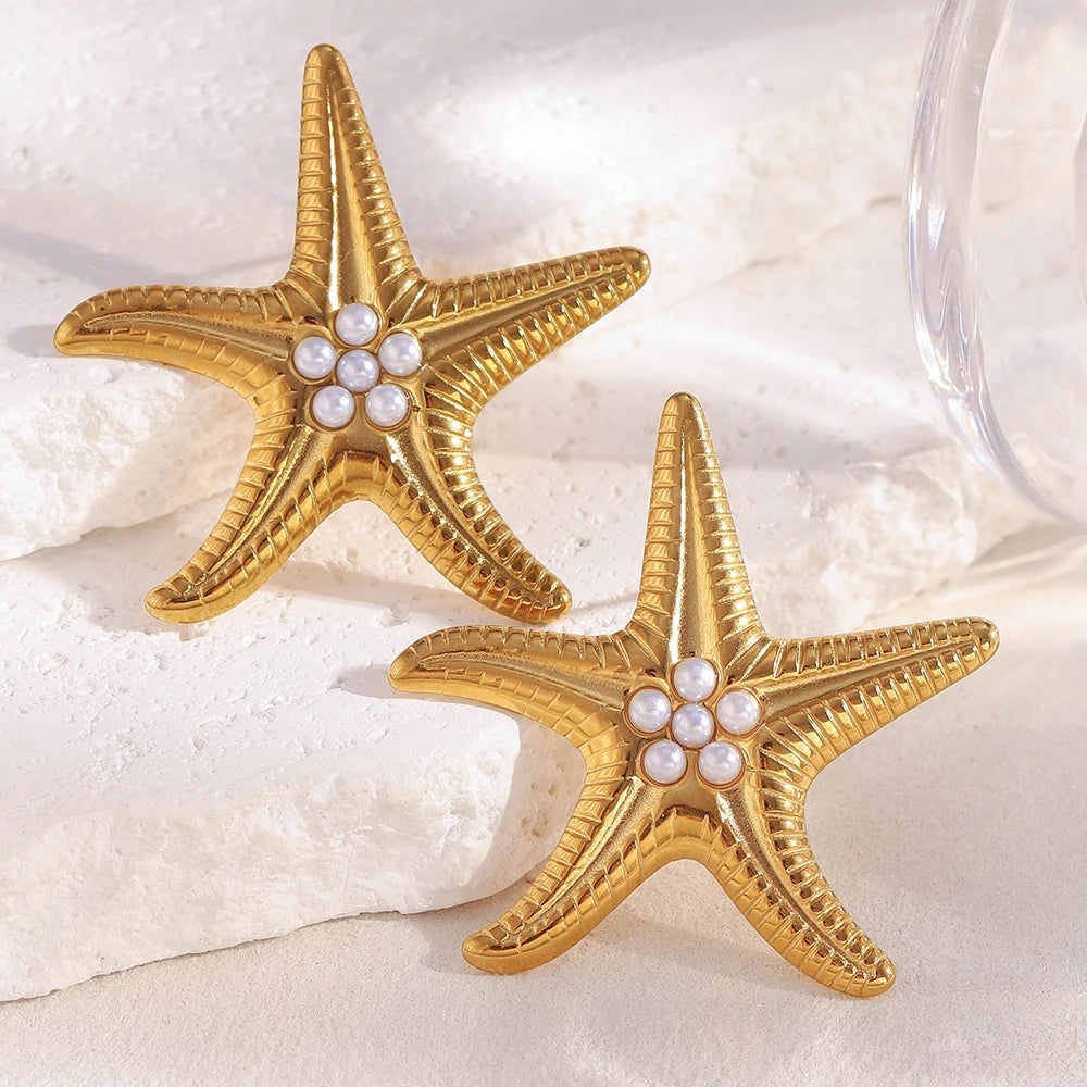 E.B.belle Exaggertaed Summer Beach Imitation Pearl Starfish Stud Earrings 18k Gold Plated Stainless Steel Holiday Women Jewelry