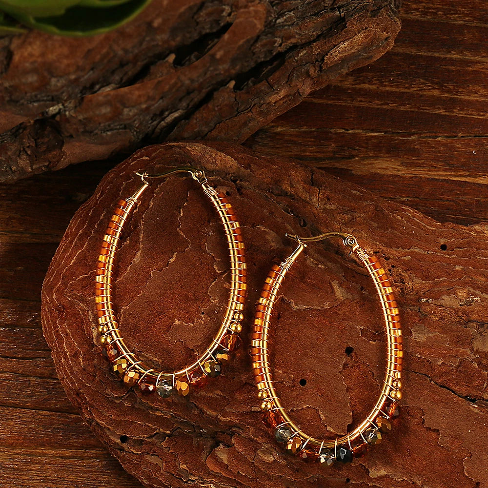 Badu Boho Colorful Woven Crystal Beads Oval Hoop Earrings for Women Stainless Steel Handmade Jewelry Bohemia Fashion Gifts