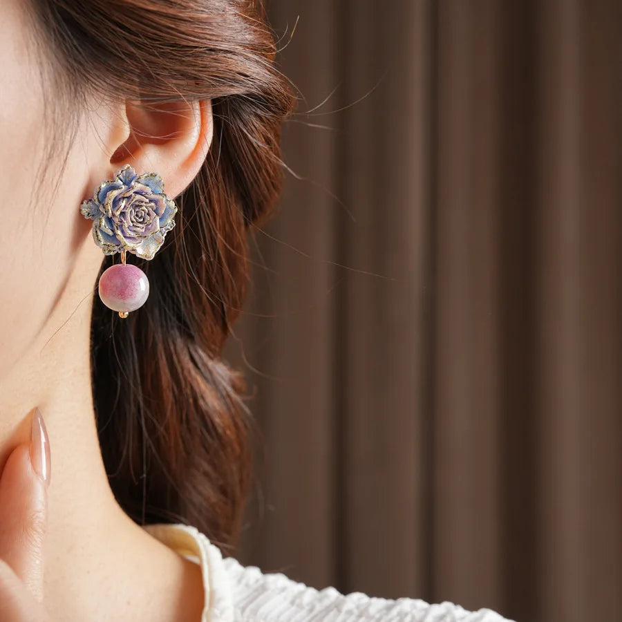 Rose Flower Glass Bead Earrings for Women 2025 Fashion French Retro Vintage Stud Earring High-end Luxury Designer Jewelry