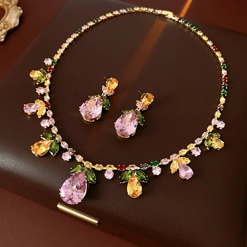 Colorful Zircon Flowers Water Drop Earrings Pendant Necklace Women's Charm Elegant Fashion Jewelry Set Accessories Party Dress G