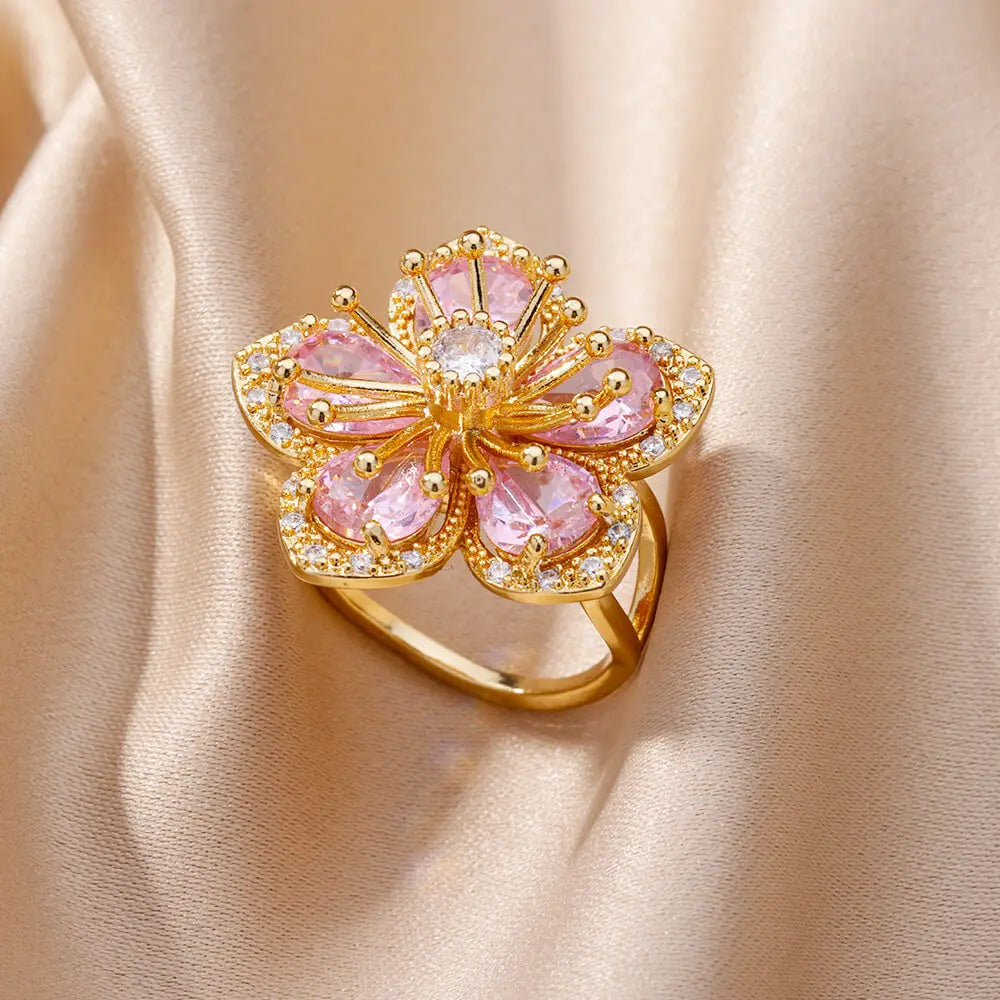 Stainless Steel Rings Gold Plated Colorful Stone Zircon Crystal Luxury Flower Ring For Women Wedding Jewelry Christmas Gift New