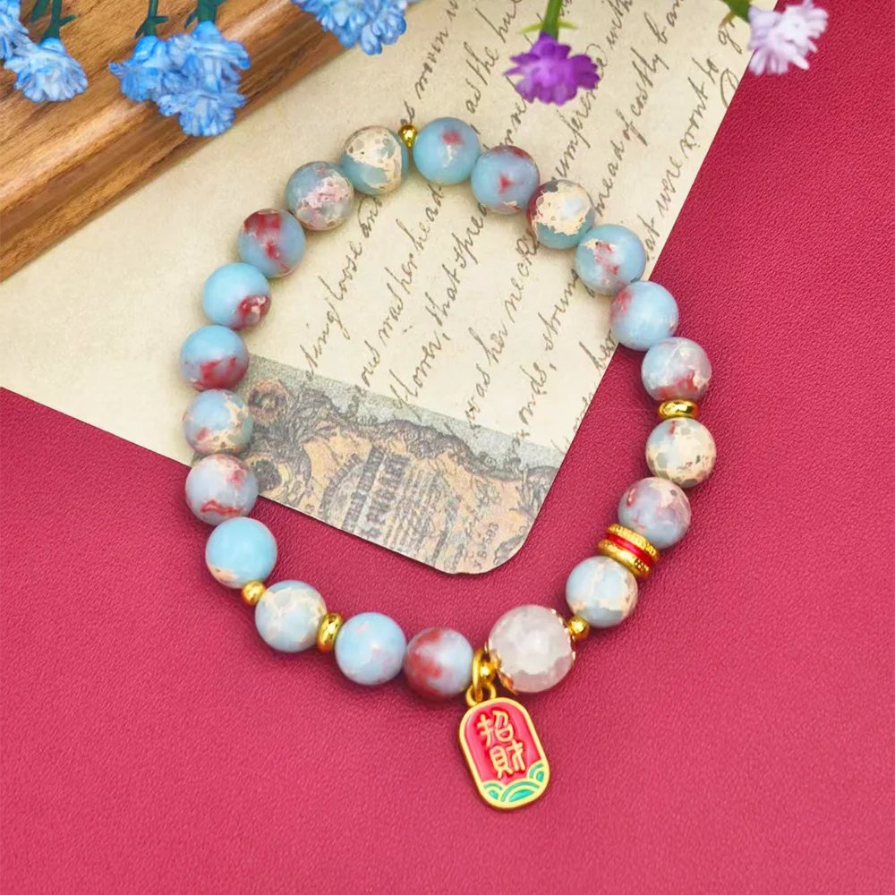 NEW Natural Blue Red Stone Beaded Bracelet for Women Golden Lucky Wealth Pendant Chinese Boho Bracelet Daily Wear Jewelry Gift