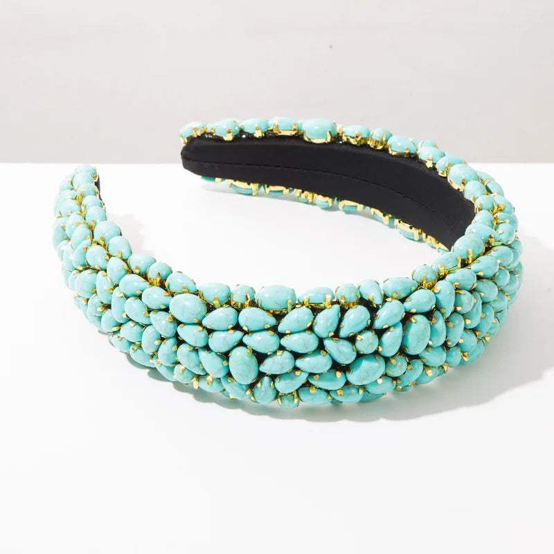 Baroque Headband for Women Heavy Craft Turquoise Pearl Hair Hoop Vintage Court Luxury Hair Accessories Party Statement Hairband