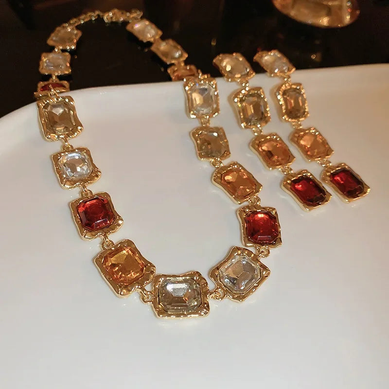 Crystal Inlaid Square Set Necklace and Earrings Fashionable Temperament Splicing Clavicle Chain Jewelry Decoration for Women
