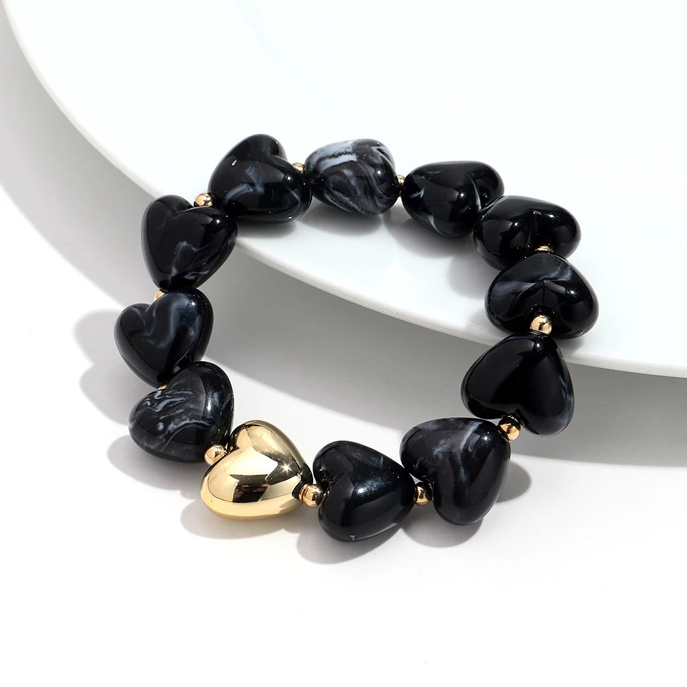 Sweet Resin Love Heart Beads Elastic Bracelets for Women Cute Geometric Heart Shape Stretch Bracelet Party Jewelry Gifts