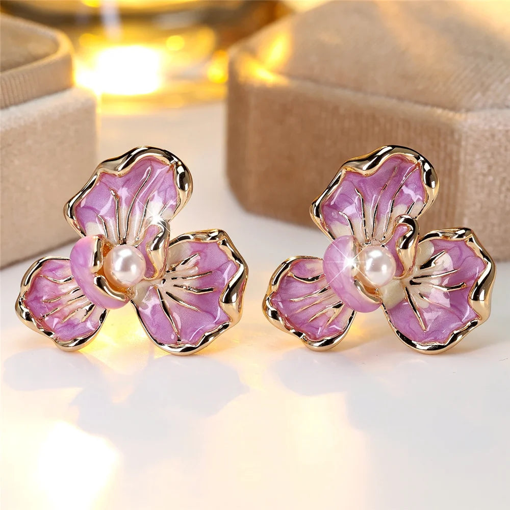 Cute Female White Pearl Purple Enamel Gold Color Flower Stud Earrings Lovely Bridal Wedding Jewelry For Women