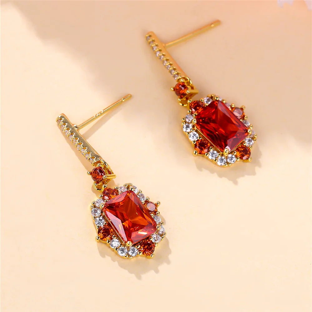 Luxury Female Purple Red Square Zircon Stone Drop Dangle Earrings Unique Gold Color Evening Jewelry For Women