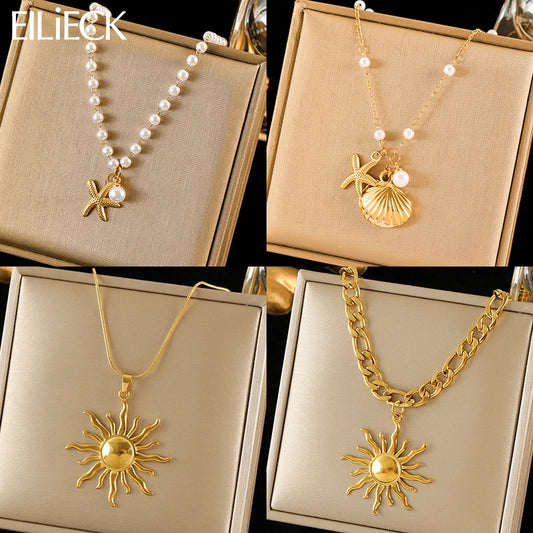 EILIECK 316L Stainless Steel Metal Sun Starfish Shells Pendant Necklace For Women Exquisite Neck Chain Waterproof Jewelry Gift
