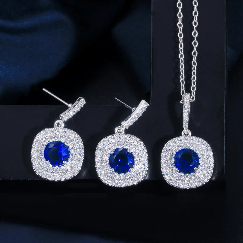 ThreeGraces New Fashion Shiny Green Zirconia Earrings and Pendant Necklace Wedding Evening Party  Jewelry Set for Women JS581