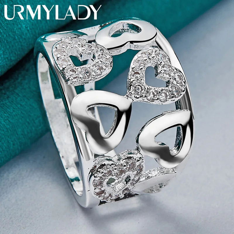 URMYLADY 925 Sterling Silver Hollow Smooth Heart Zircon Charm 7-10# Ring For Women Wedding Engagement Fashion Jewellery