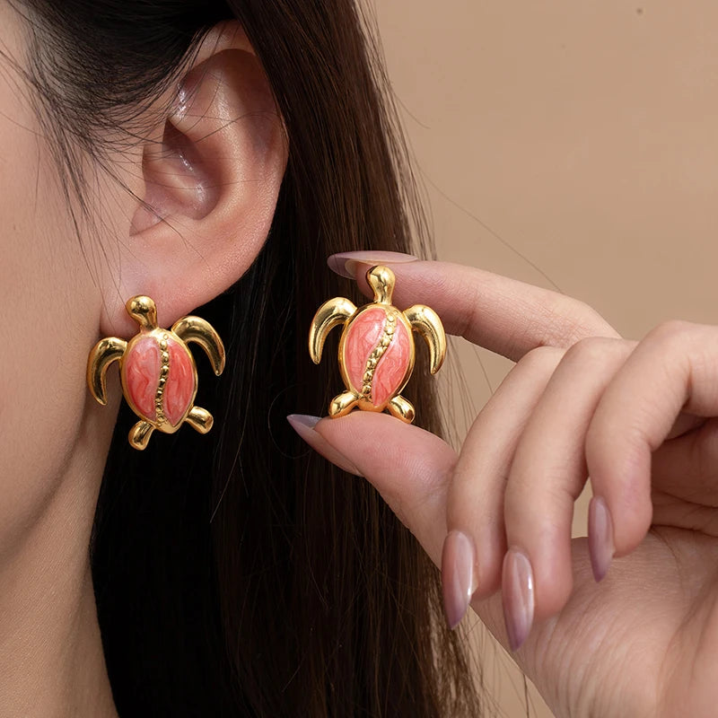 ANENJERY 316L Stainless Steel Colorful Stripes Turtle Earrings For Women Niche Design Unique Cute Jewelry Gifts Wholesale