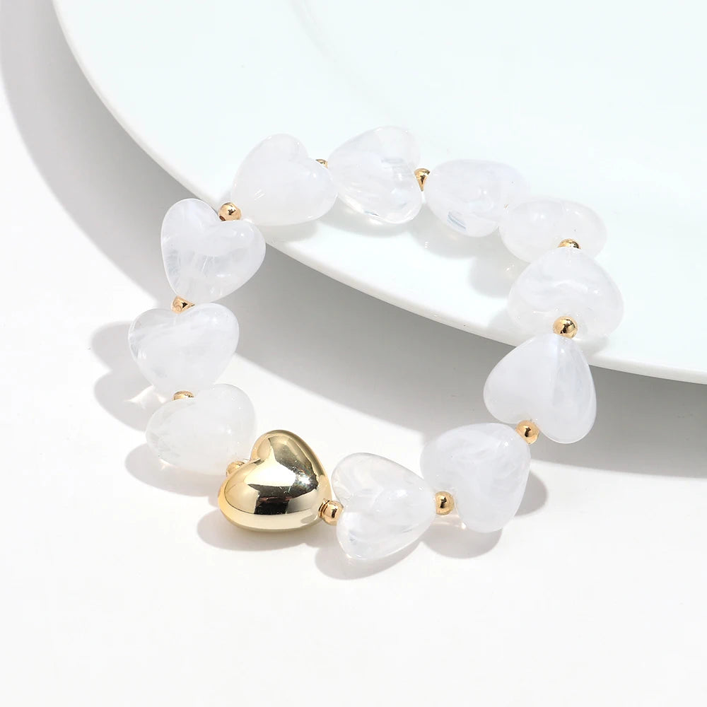 Sweet Resin Love Heart Beads Elastic Bracelets for Women Cute Geometric Heart Shape Stretch Bracelet Party Jewelry Gifts