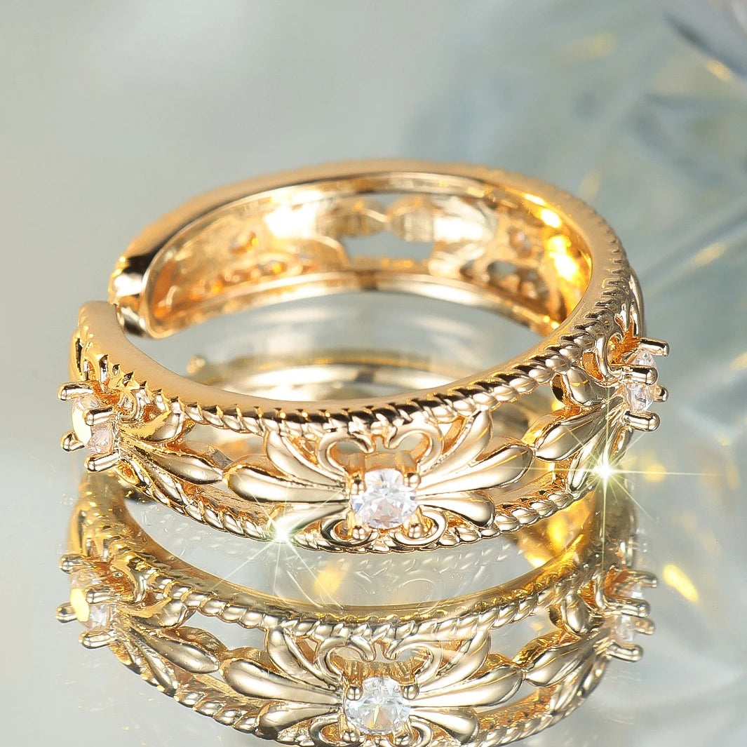 Cute Female White Zircon Flower Open Ring Gold Color Wedding Rings Promise Adjustable Engagement Jewelry For Women