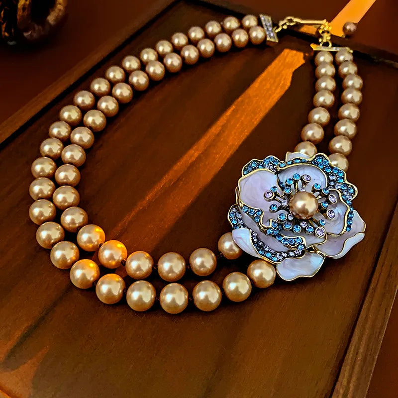 Imitation Pearl Flowers Stud Earrings French Retro Exquisite Luxury Dropping Chain Necklace Romantic Jewelry Sets Wedding H