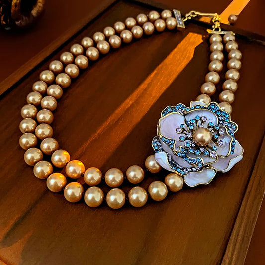 Imitation Pearl Flowers Stud Earrings French Retro Exquisite Luxury Dropping Chain Necklace Romantic Jewelry Sets Wedding H
