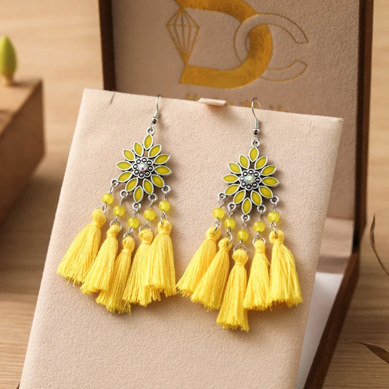 Classic Ethnic Tassel Earrings for Women Bohemian Enamel Flower Crystal Handmade Earring Female DailyVacation Jewelry