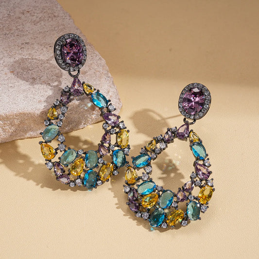 Zircon Hollow Water Drop & Round Colorful Silver-Needle Earrings for Women - Vintage Exquisite Light Luxury High-End Jewelry