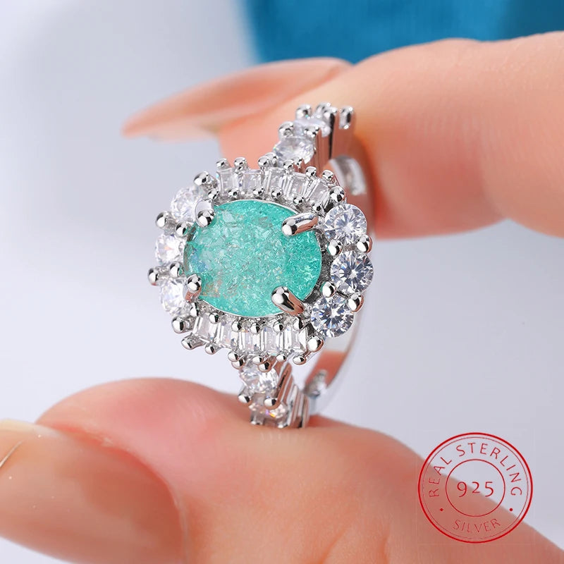925 Silver Plated Luxurious Paraiba Sapphire Oval Full Diamond Couple Ring For Women Eometric Zirconia Valentine's Day Gift