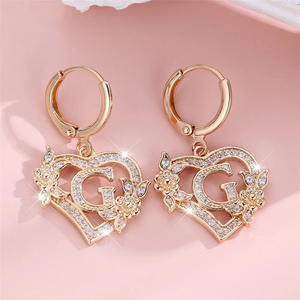 Female A-Z 26 Letter Heart Flower Hoop Earrings Yellow Gold Color White Zircon Wedding Jewelry For Women