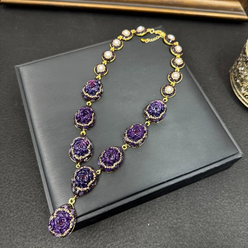 Rose Flower Amethyst Carving Crystal Jewelry Set for Women Rhinestone Quartz Cutting Bangle Rings Necklace Luxury Sets for Wed