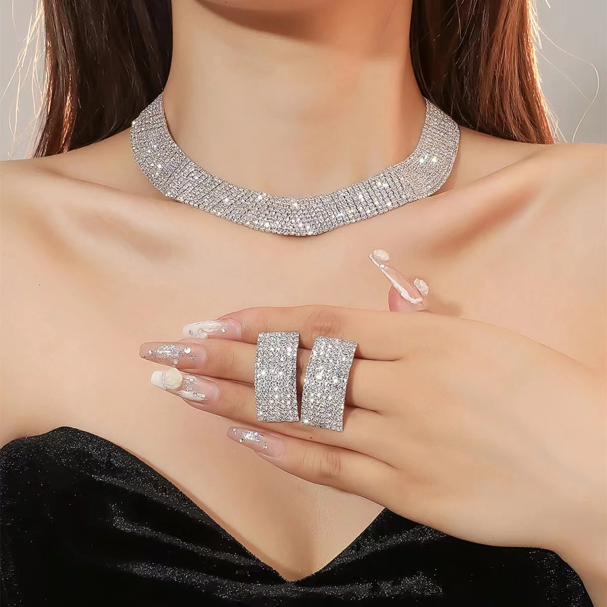TREAZY Luxurious Rhinestone Crystal Wedding Jewelry Sets for Women Statement Choker Necklace Earrings Bridal Jewelry Accessories