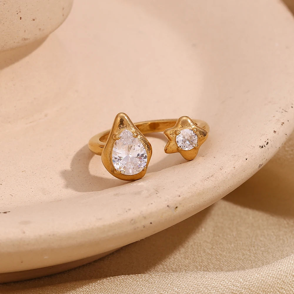 E.B.belle Asymmetric Opening Water Droplets Stars Zircon Ring 18K Gold Plated Women's Rings 316L Stainless Steel Accessories