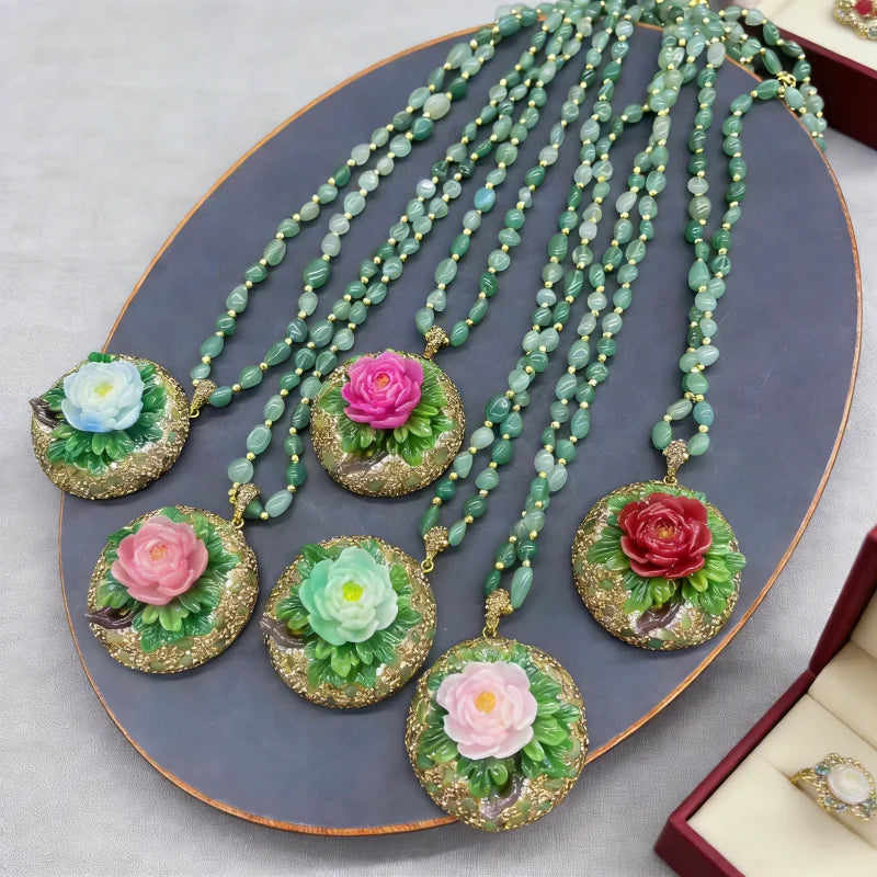 Turkish Natural Tourmaline Crystal Stone Neckalce Jade 3D Peony Flower Pattern Gemstone Pendant Charm Chain Women Lucky Jewelry