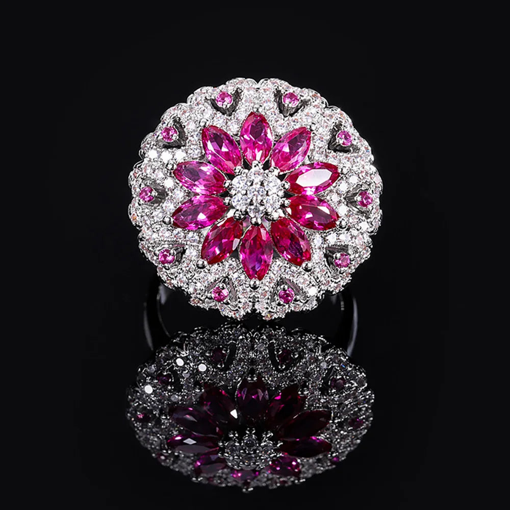 Luxury Ruby Emerald Flower Rings for Women High Carbon Diamond Wedding Bands Retro Gemstone Party Fine Jewelry Anniversary Gift