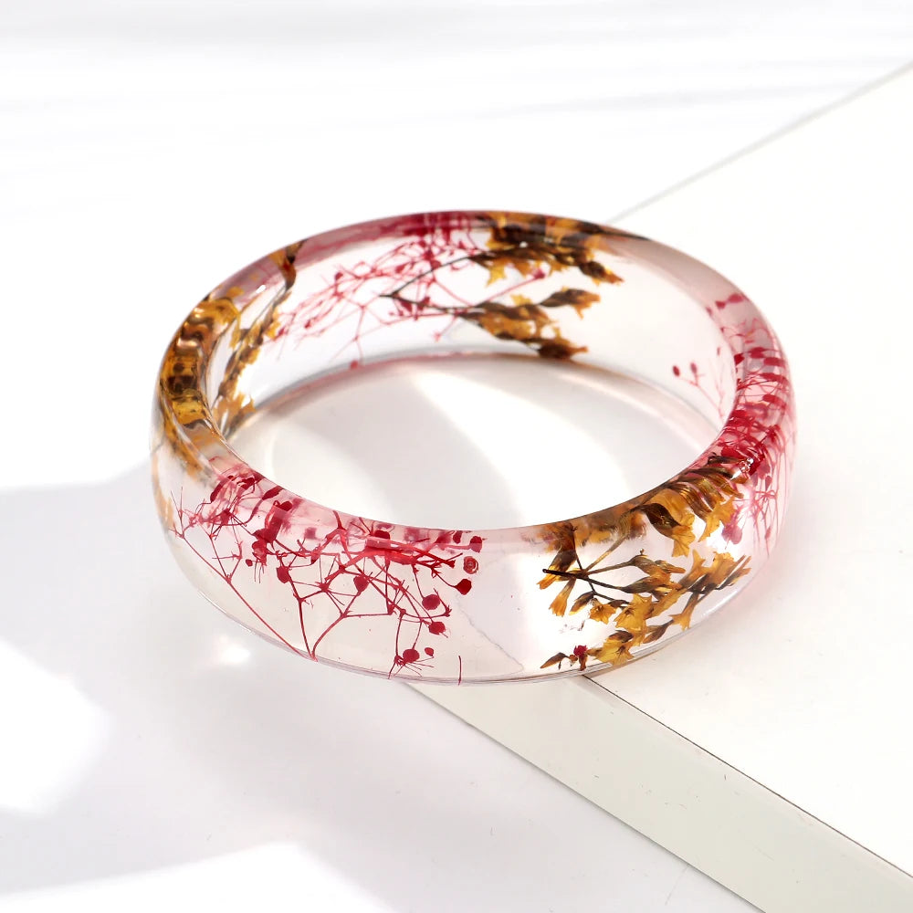 Vintage Dried Flowers Transparent Resin Chunky Bangles New Stackable Cuff Bangle Bracelets for Women Charm Jewelry