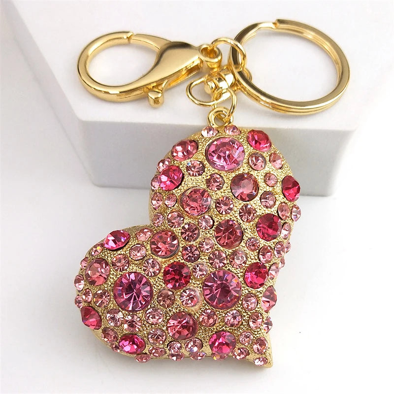 Pink Crystal Sparkling Heart Key chain for Women Exquisite Sweet Alloy Rhinestone Keyring Car Bag Accessories Jewelry K9233S05