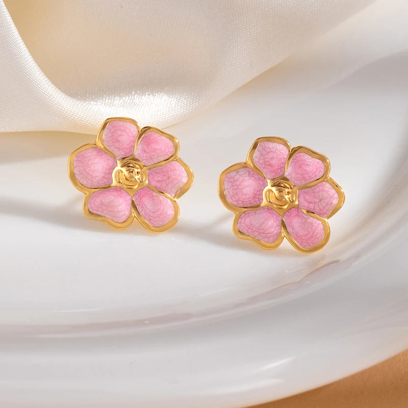 ANENJERY 316L Stainless Steel Colorful Enamel Flower Stud Earrings For Women Temperament Luxury Niche Simple Jewelry Gift