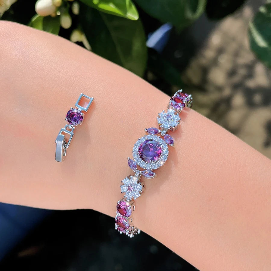 ThreeGraces Elegant Shiny Pink Round Zirconia Fashion Flower Bridal Wedding Engagement Tennis Bracelet for Women Jewelry BR411