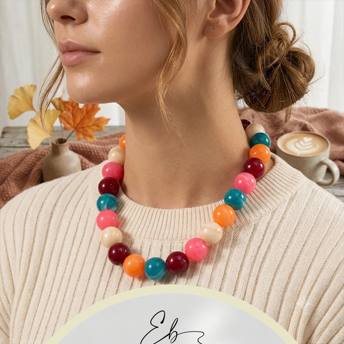 E.B.belle Colorful Marbled Resin Bead Necklace Hypoallergenic Chunky Beaded Chain Bohemian Holiday Women Jewelry Accessories